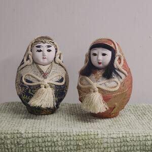 Vintage Kyoto Japan Fabric Wrapped Egg Dolls Pair Brocade Kimono Style